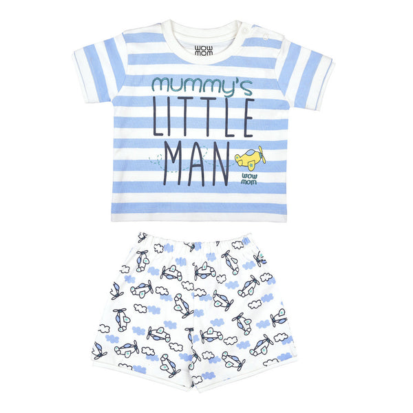 BABY KNIT SET BOYS LITTLE MAN STRIPER+AOP FRONT OPEN F/S WITH PAJAMA