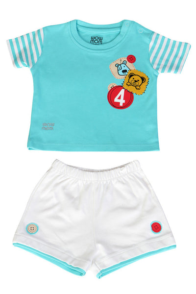 BABY KNIT SET BOYS BADGES 4 FRONT OPEN S/S WITH SHORTS