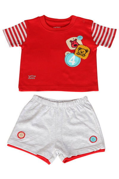 BABY KNIT SET BOYS BADGES 4 FRONT OPEN S/S WITH SHORTS