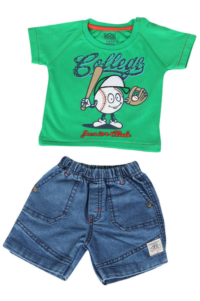 KNIT/DENIM SET BOYS COLLEGE R/N RAGLAN S/S WITH SHORTS