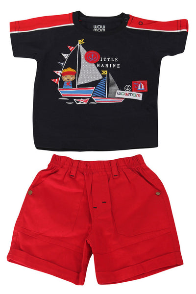 KNIT/TWILL SET BOYS LITTLE MARINE  R/N S/S WITH SHORTS