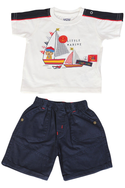 KNIT/TWILL SET BOYS LITTLE MARINE  R/N S/S WITH SHORTS