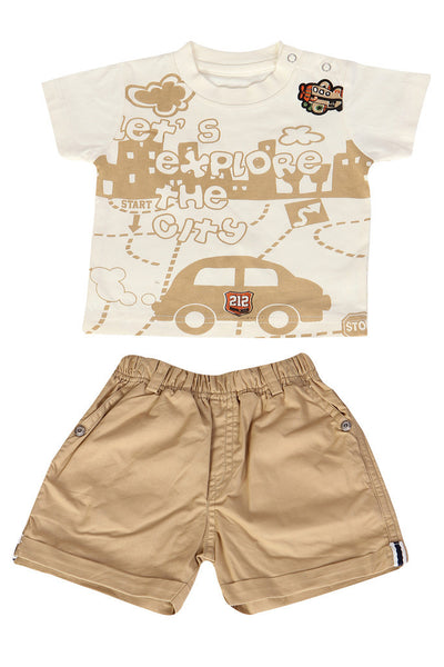 KNIT/TWILL SET BOYS LETS EXPLORE R/N S/S WITH SHORTS