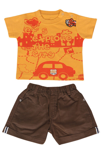 KNIT/TWILL SET BOYS LETS EXPLORE R/N S/S WITH SHORTS