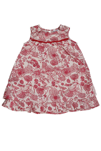 AOP CORAL FLORAL PLEATED SLV LESS FROCK