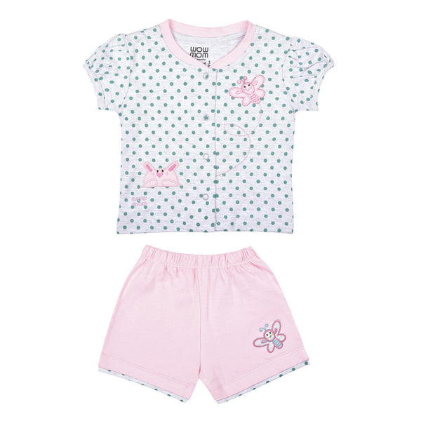 BABY KNIT SET GIRLS POLKA+BUTTERFLY FRONT OPEN S/S WITH SHORTS