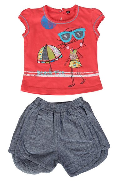 KNIT/DENIM SET GIRLS BEACH FUN R/N S/S WITH SHORTS