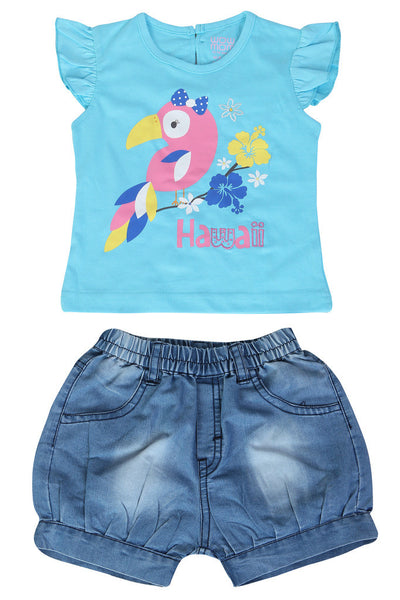 KNIT/DENIM SET GIRLS HAWAII R/N S/S WITH SHORTS
