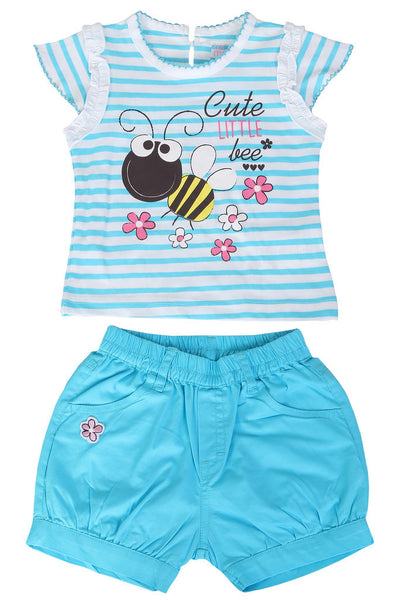 KNIT/TWILL SET GIRLS CUTE LITTLE BEE R/N S/S WITH SHORTS