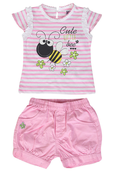 KNIT/TWILL SET GIRLS CUTE LITTLE BEE R/N S/S WITH SHORTS